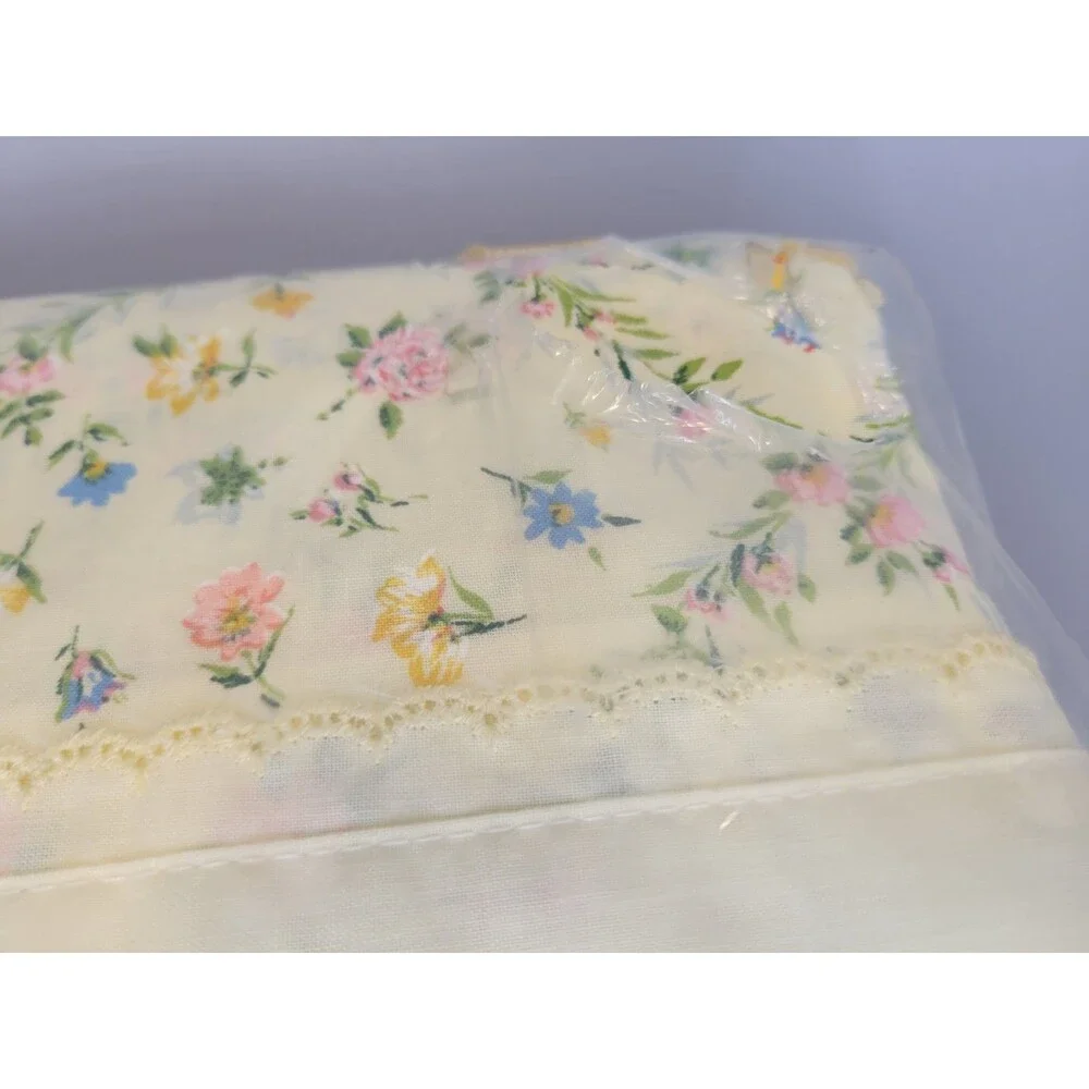 Vtg NOS Statepride Twin Flat Bed Sheet Floral Yellow Pink Scalloped Edge 70s